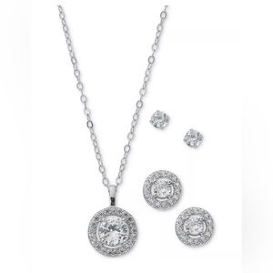 Sterling Silver Halo Pendant Necklace, Stud Earrings & Solitaire Stud Earrings